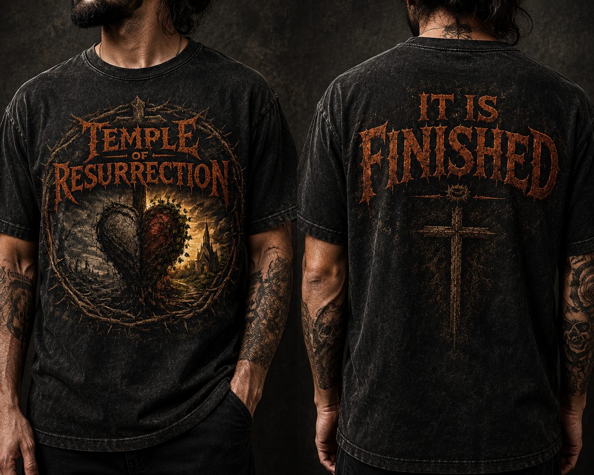 Temple of Resurrection garment-dyed shirt, front and back